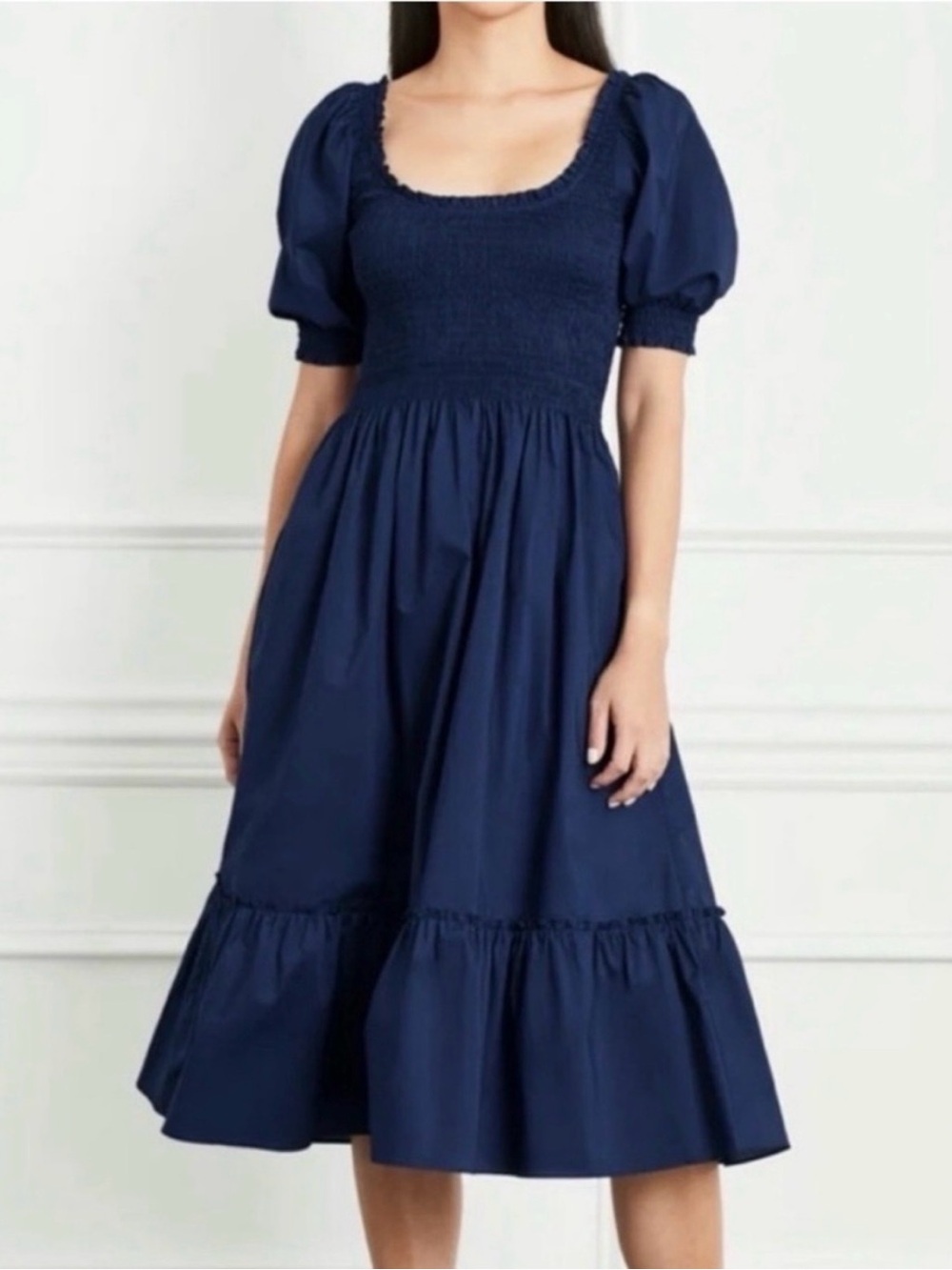 Hill House Navy Smocked Dress with Ruffle Neck